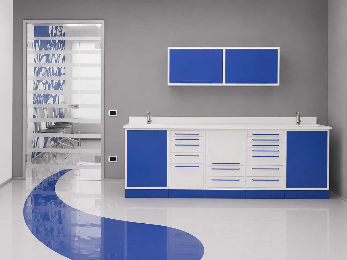 Dental practice cabinetry in blue with sink, drawers and wall cabinet